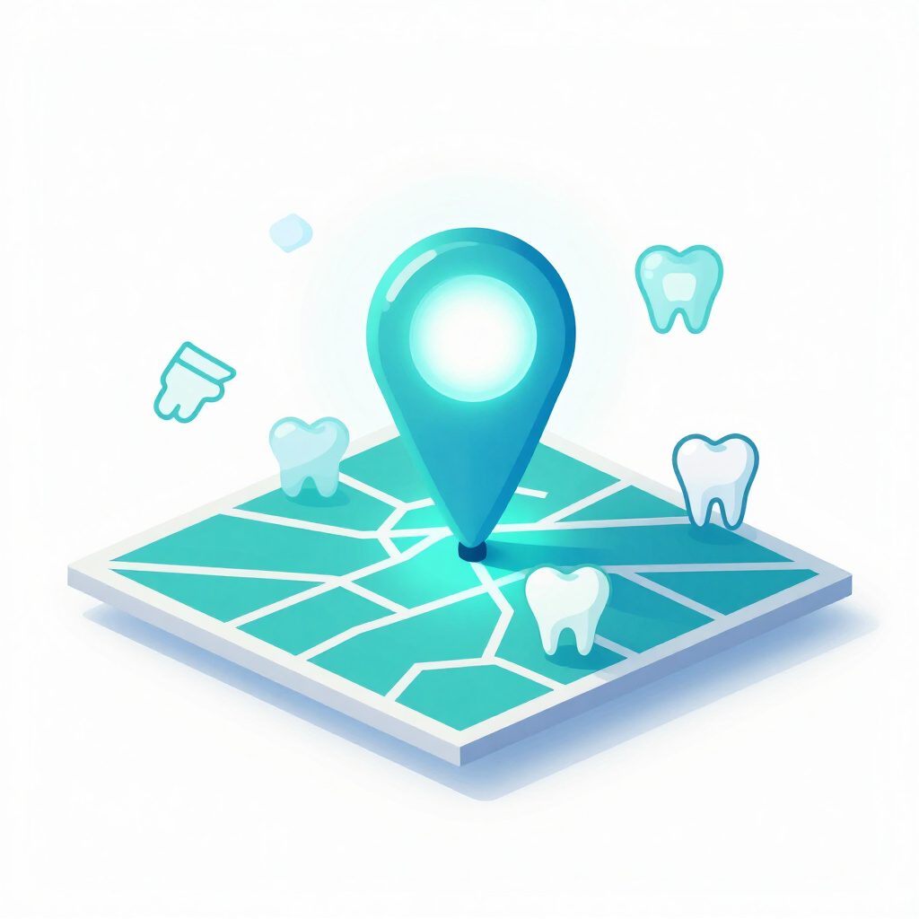 Local SEO and Google Maps optimisation for dental practices — isometric 3D illustration showing map pin and search rankings